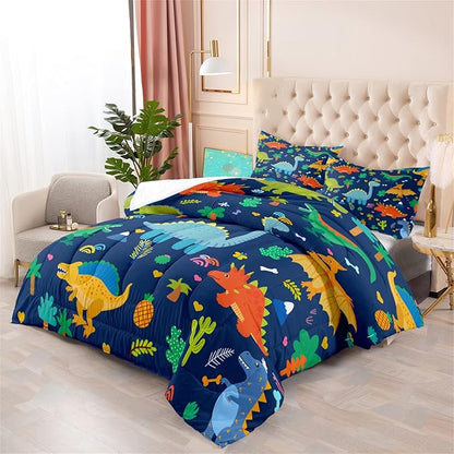 Dinosaur Comforter Set for Boys, Cartoon Dinosaur Bedding Set Queen Size, Cute Blue Pattern Dinosaurs Comforter Sets for Kids Teens Soft Breathable All Season Quilt 3Pcs with 2 Pillowcases