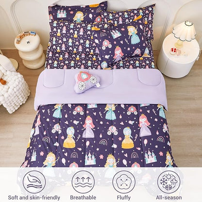 Mooreeke Twin Size Comforter Sets for Girls Kids, 6 Pieces Bed in a Bag Castle Princess Bedding Comforter Sheet Set with Shams and Decorative Toy Pillow, Ultral Soft Microfiber Kids Bed Set