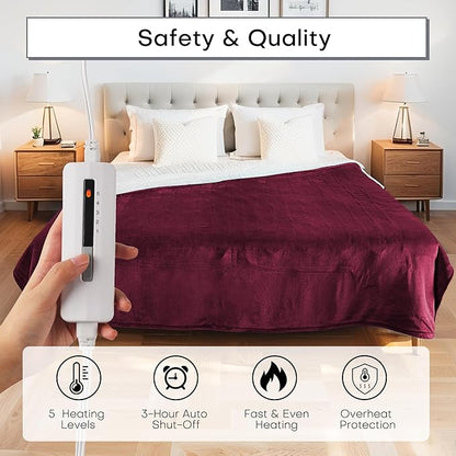 Electric Blanket Twin Size 62" x 84" Thickened Flannel and Sherpa Heated Blanket,10 Hours Timer Auto-Off,5 Heating Levels,for Bedroom Office Couch,WineRed