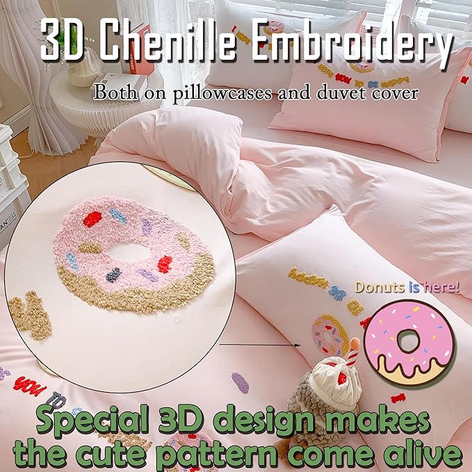 MorroMorn Twin Duvet Cover Cotton, 3D Embroidery Twin Bedding Sets Pink Bed Set All Seasons, Cute Chenille Embroidered Comforter Covers for Girls Kids Teen Preppy Dorm (Donut Pink, Twin/Twin XL)