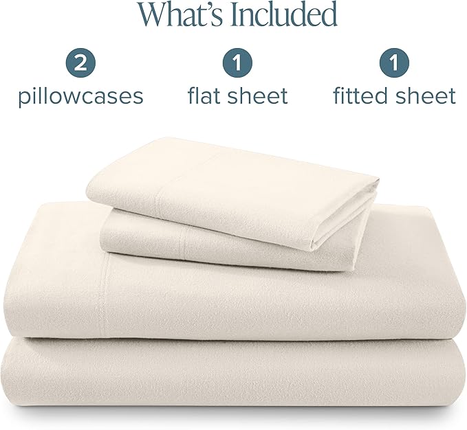 Bare Home Flannel Sheet Set 100% Cotton, Velvety Soft Heavyweight - Double Brushed Flannel - Deep Pocket (Full, Cream)