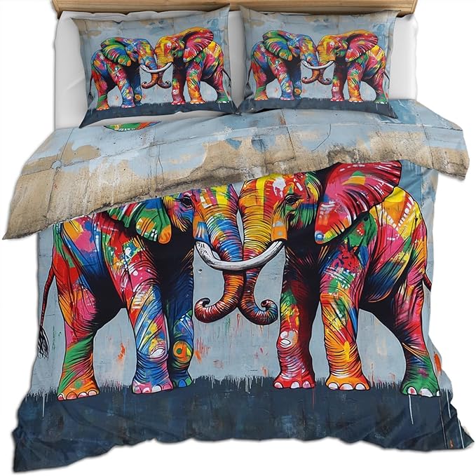 Elephant Duvet Cover Full Size, Fun Colorful Elephant Bedding Set 3 Piece Bedroom Decor Wildlife Graffiti Art Comforter Cover with Zipper Ties & 2 Pillowcases