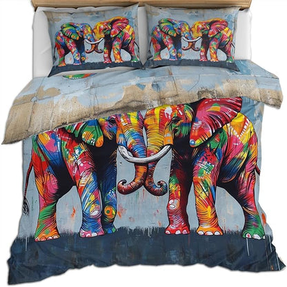 Elephant Duvet Cover Queen Size, Fun Colorful Elephant Bedding Set 3 Piece Bedroom Decor Wildlife Graffiti Art Comforter Cover with Zipper Ties & 2 Pillowcases