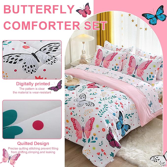 Butterfly Comforter Set Twin Size for Girls Kids Teens 7 Piece Bed in A Bag Colorful Butterflies Flower Leaves Bedding Set All Season Lightweight