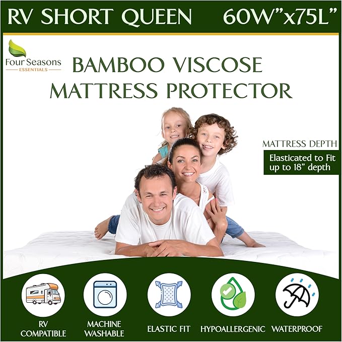 Four Seasons Essentials RV Short Queen Size Waterproof Mattress Protector - Cooling Viscose derived from Bamboo Fitted Sheet Mattress Cover - Quilted Jacquard Pad Protects from Dust Allergens