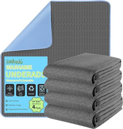 Washable Incontinence Underpads 34" x 36" (4 Pack), Heavy Absorbency Leakproof Bed Pads, Reusable Mattress Protector Pee Pads for Adults, Children, Pets (Dark Gray)
