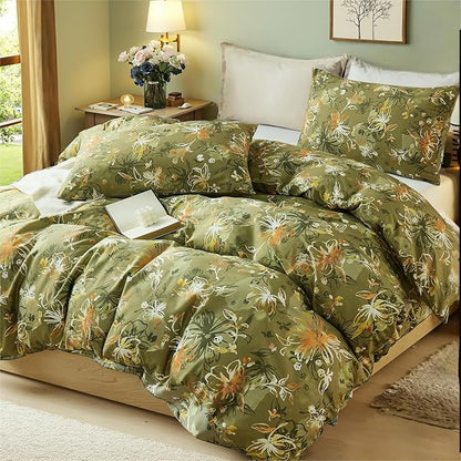 100% Cotton Duvet Cover Queen Size – Vintage Olive Green Floral Duvet Cover Set with Zipper Closure, 3-Piece Soft Breathable Natural Premium Cotton Bedding Set for All Seasons