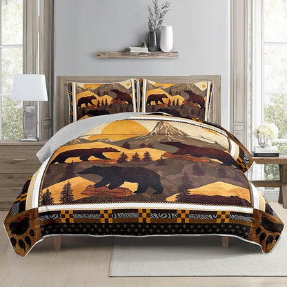 AILONEN Rustic Bear King Size Quilt Set,Wild Animal Hunting Themed Bedspread Coverlet + 2 Pillowcases,3-Piece Woodland Brown Bear Bed Cover for Boys Girls