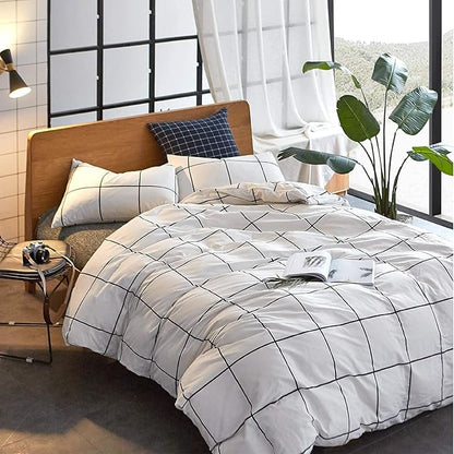 Wellboo White Plaid Comforter Sets Full Black White Grid Checkered Bedding Comforters Cotton White and Black Buffalo Check Grid Quilts Soft Warm Women Men Modern Preppy Geometric Gingham Quilts