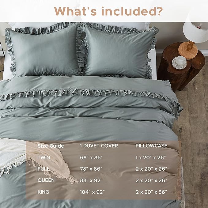 Simple&Opulence Kids 100% Organic Cotton Queen Duvet Cover Ruffle 3Pcs(1 Comforter Cover 2 Pillowcases) Cute Lace Vintage Boho Shabby Chic Farmhouse Bedding Set Teen Girls(Gray, Queen)