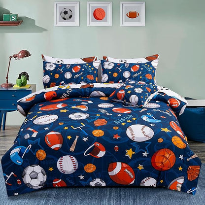 A Nice Night 6Pcs Bed in A Bag Twin Sports Microfiber Modern Comforter Set,Navy Rugby Ball Printed Bedding Collections,for Boys Kids Teen