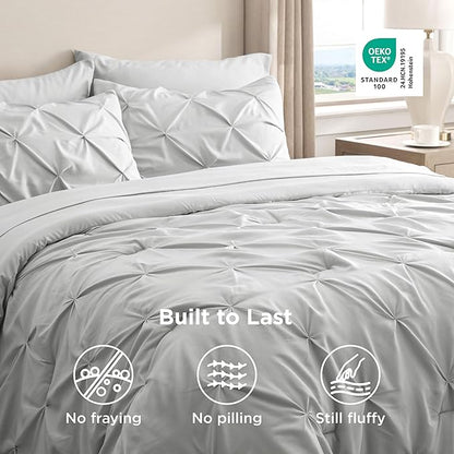 Bedsure King Size Comforter Set Light Grey - Bed in a Bag Bedding Set 7 Pieces, GentleSoft™ Pintuck Bed Set Gift for Family, Pinch Pleat Light Grey Comforter with Sheets, Pillowcases & Shams