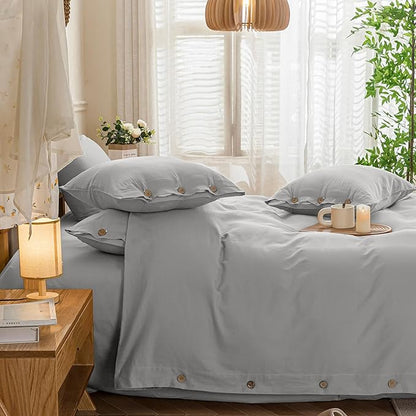 JELLYMONI Cotton Duvet Cover Cal King Size - Light Gray Comforter Cover with Button 100% Washed Cotton 3PCS Breathable Soft Solid Bedding Set Duvet Cover 104×98in & 2 Pillowcases (NO Comforter)