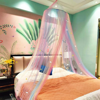 Eimilaly Princess Rainbow Bed Canopy with Unicorn Castle Glow in The Dark, Bed Canopy for Girls Room Decor or Fairy Theme Party
