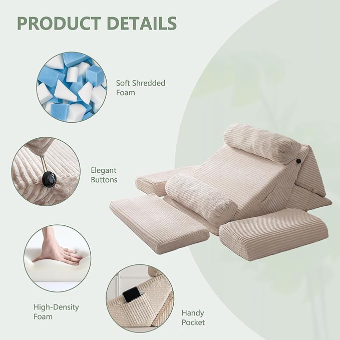 HIGOGOGO 10PCS Orthopedic Bed Wedge Pillow Set – Adjustable Soft Foam Body Positioners for After Surgery Recovery, Back & Leg Pain Relief, Sitting Up in Bed, Acid Reflux & GERD, Beige