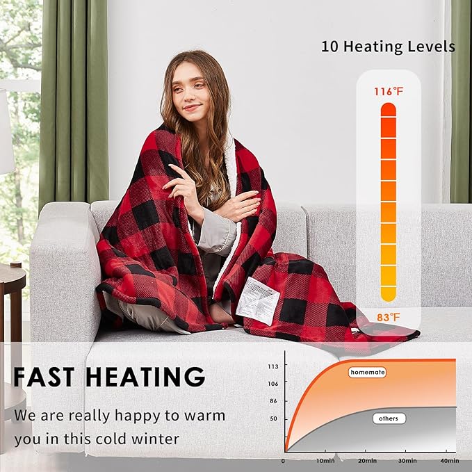 HomeMate Electric Blanket Heated Full Size - 72“x84“ Ultra Soft Cozy Flannel Heating Blanket with 10 Fast Heat Levels 8 Hours Auto Off Over-Heated Protection ETL Certification Keep Warm in Home Office