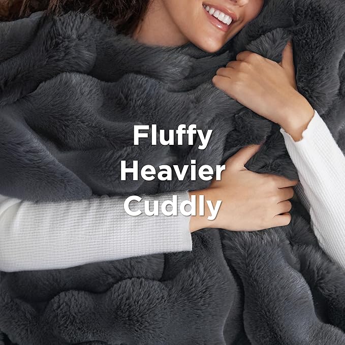 Bedsure Fluffy Bubble Faux Fur Heated Blanket Throw - Super Soft Electric Blanket, Heating with 6 Heating Levels, 4 Time Settings, 3-Hour Auto-Off, Decor Gifts for Home, Grey, 50x60 inches