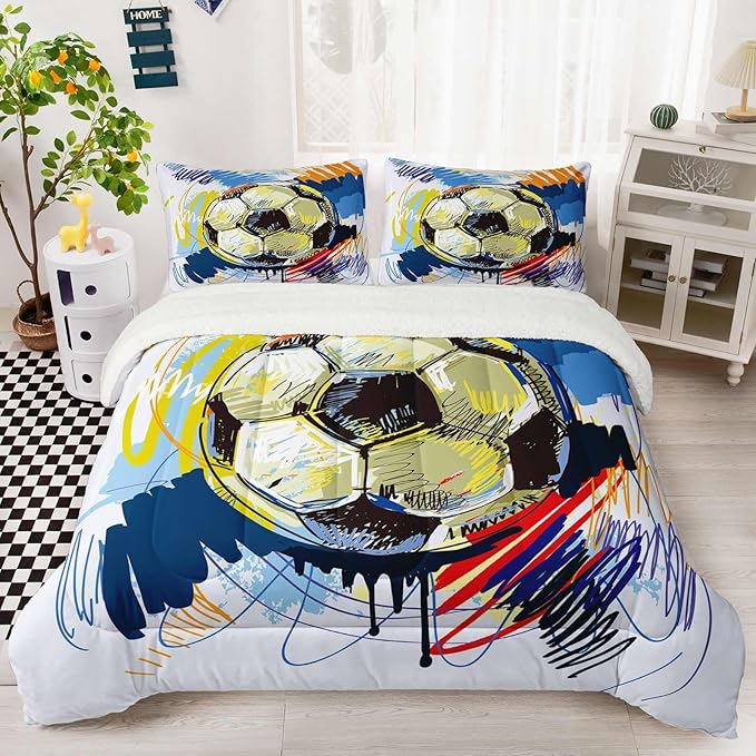 QOOMO Soccer Sherpa Fleece Comforter Set Boys Sports Bedding Set King Size for Kids Teens Hand Drawn Football Graffiti Style Design 3 Piece with 1 Comforter 2 Pillowcases