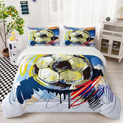 QOOMO Soccer Sherpa Fleece Bedding Set Full Size for Kids Teens with Hand Drawn Football Graffiti Style Comforter & 2 Pillowcases