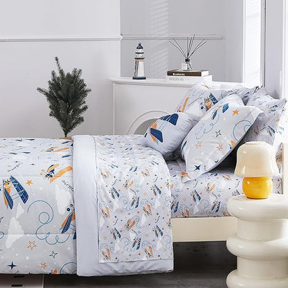 Mooreeke Twin Size Comforter Sets for Boys Kids, 6 Pieces Bed in a Bag Grey Glider Bedding Comforter Sheet Set with Shams and Decorative Toy Pillow, Ultral Soft Microfiber Kids Bed Set