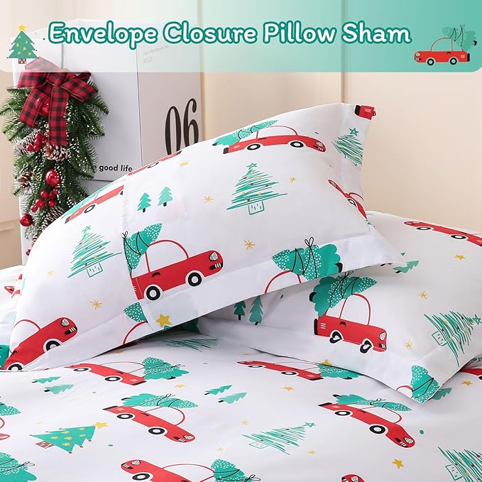 JSD Red Cars Kids Christmas Duvet Cover Set Full Size, 3 Piece Xmas Comforter Cover with Pillow Sham Zipper Closure, Comforter Not Included