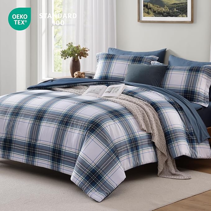 MaiRêve Twin XL Size Plaid Comforter Set Blue White, Classic 5 Pieces Farmhouse Bedding Set, All Season Lightweight Bed in A Bag with Sheets, Pillowcase & Sham