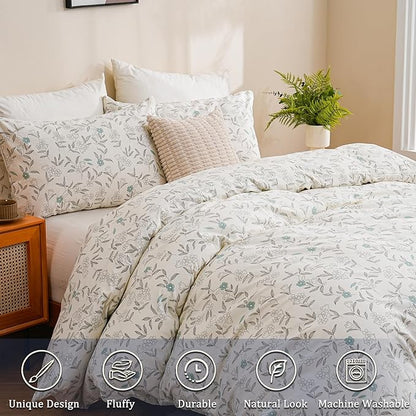 100% Cotton Floral Duvet Cover Set King Size Ultra Soft Breathable Blue Floral Grey Leaves Bedding Set for Women with Zipper Closure 3 Pcs Chic Reversible Duvet Cover for All Season