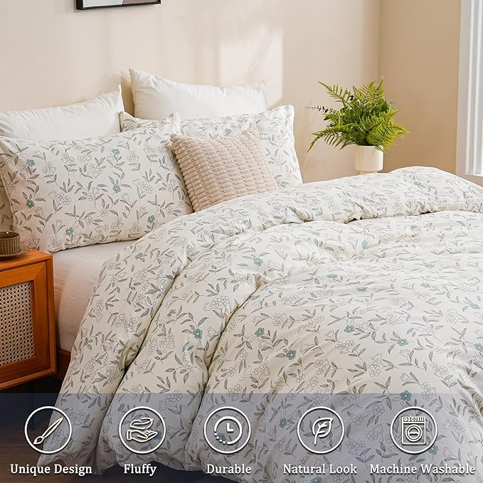 100% Cotton Floral Duvet Cover Set Queen Size Ultra Soft Breathable Blue Floral Grey Leaves Bedding Set for Women with Zipper Closure 3 Pcs Chic Reversible Duvet Cover for All Season