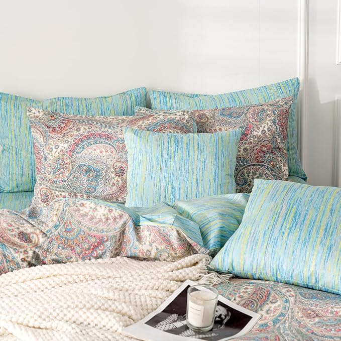 Paisley Queen Duvet Cover 100% Soft Cotton 3 Pieces Queen Exotic Bohemian Bedding Set Luxury Boho Vintage Chic Pattern Printed Queen Reversible Striped Queen Duvet Cover with Zipper Closure