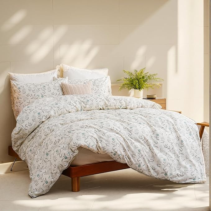 100% Cotton Floral Duvet Cover Set King Size Ultra Soft Breathable Blue Floral Grey Leaves Bedding Set for Women with Zipper Closure 3 Pcs Chic Reversible Duvet Cover for All Season