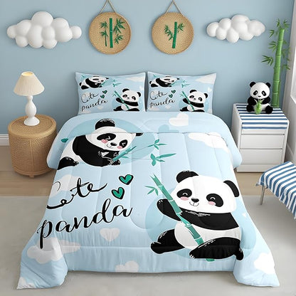 Feelyou Cute Panda Bedding Set Cartoon Panda Comforter Set for Kids Boys Girls Animal Theme Comforter Kawaii Animal Quilt Set Blue 1 Comforter Set with 1 Pillowcase Twin Size