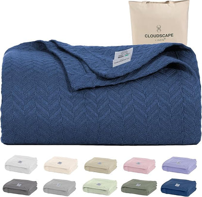Cloud Scape Linen Herringbone Cotton Twin Blanket for Couch, Bed,Sofa, Home Decor, Soft, Weighted, All-Season, Winter Bed Blanket, Best Gift Idea, 68 x92, Ensign Blue