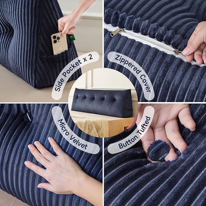 Z-hom Full Headboard Pillow, Triangular Wedge Reading Pillow for Bed or Sofa, Ergonomic Backrest Cushion for Sitting Up, Reading or Relaxing, with Side Pocket，Removable Washable Cover,Blue