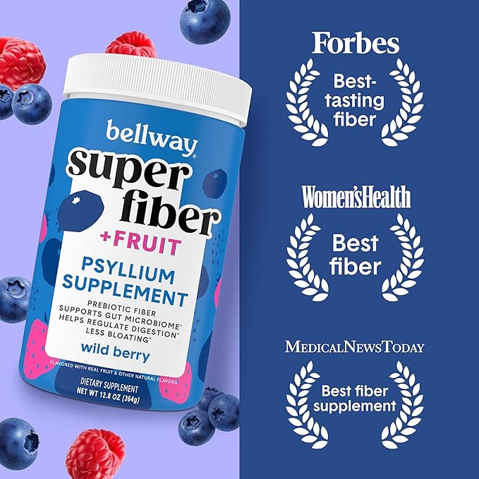 Bellway Super Fiber Powder + Fruit, Sugar Free Organic Psyllium Husk Powder Fiber Supplement for Regularity, Bloating Relief & Digestive Health, Plant-Based, Wild Berry (50 Servings)