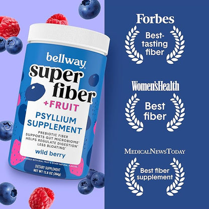 Bellway Super Fiber Powder + Fruit, Sugar Free Organic Psyllium Husk Powder Fiber Supplement for Regularity, Bloating Relief & Digestive Health, Plant-Based, Wild Berry (50 Servings)