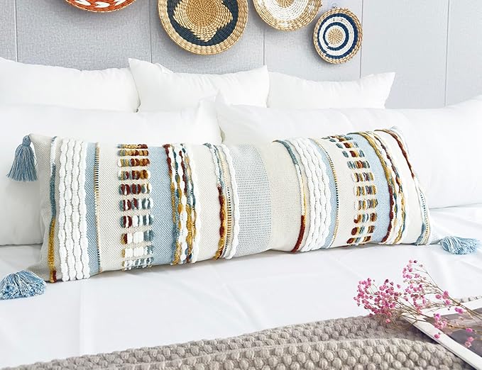 Chenille and Cotton Long Pillow for Bed, Striped Textured Boho Lumbar Throw Pillow Cover 14x36, Neutral Accent Decorative Extra Long Body Pillow Case for Couch, Sofa, Bedroom, Light Blue