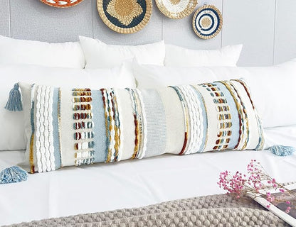 Chenille and Cotton Long Pillow for Bed, Striped Textured Boho Lumbar Throw Pillow Cover 14x36, Neutral Accent Decorative Extra Long Body Pillow Case for Couch, Sofa, Bedroom, Light Blue