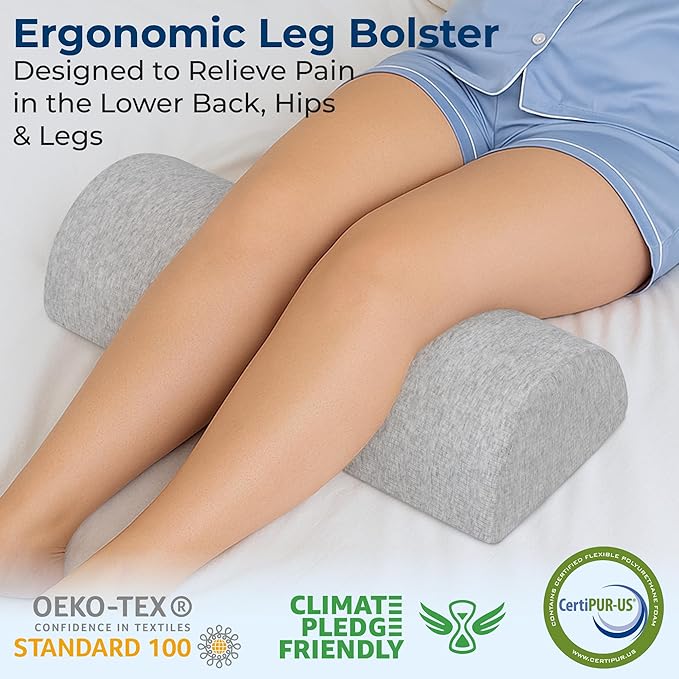 5 STARS UNITED Knee Pillow for Back Sleeping – Memory Foam Cushion for Sciatica Pain Relief – Under Leg Support for Sleeping on Back – Large Half Moon Bolster for Bed, Natural Gray with Cotton Cover