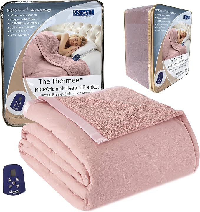 Thermee Micro Flannel Heated Blanket with Sherpa back, 10-Setting Electric Blanket Full Size, Programmable Heating Blanket, Ultra-Soft Heated Throw Blanket, Fast Heating Thermal Blanket - Blush