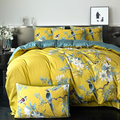 Floral Queen Duvet Cover 100% Soft Cotton 3 Piece Chic Birds Queen Flower Bedding Set Yellow Garden Tree Branches Flowers Birds Print Pattern Reversible Duvet Cover Floral with Zipper Closure