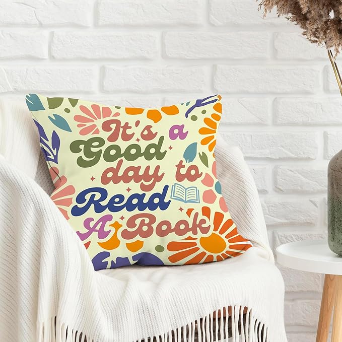 It's A Good Day to Read A Book Classroom Decorative Throw Pillow Covers, Floral Reading Pillows Covers for Kids, Flower Retro Pillow Cases Decor for Library Reading Nook Corner Couch 18x18in