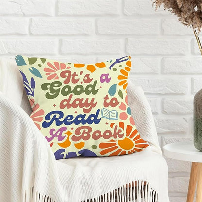 It's A Good Day to Read A Book Classroom Decorative Throw Pillow Covers, Floral Reading Pillows Covers for Kids, Flower Retro Pillow Cases Decor for Library Reading Nook Corner Couch 18x18in