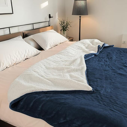 Electric Heated Blanket King Size 90"x100" - Dual-Sided with Microplush & Sherpa Fabric, 4 Heat Settings & 10 Hours Auto Off, Dual Controller, Machine Washable - Dark Blue