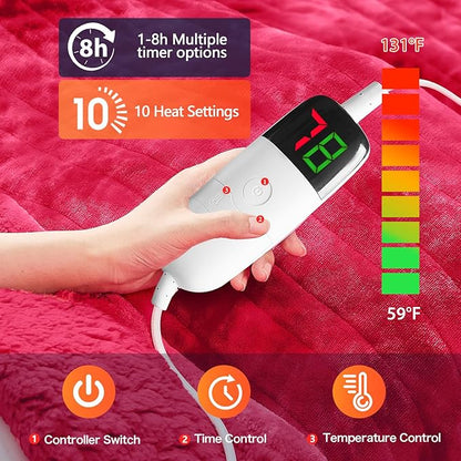 greenoak Heated Electric Blanket Throw, Faux Fur Sherpa Heating Blanket for Sofa Bed, Warm Winter Gifts for Mom/Grandma, Heater Lap Blankets 5-Position Timer &10 Heating Levels 72''*84" Red