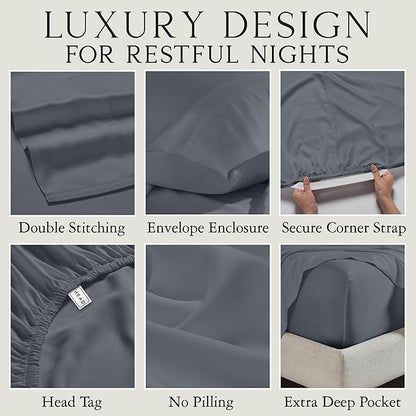 KARISSA MAE Cooling Bamboo Viscose California King Sheet Set | 100% Organically Grown | 18” Deep Pocket | Silky, Soft, & Hypoallergenic | with Organizer Band & Elastic Corner Straps [Charcoal Grey]