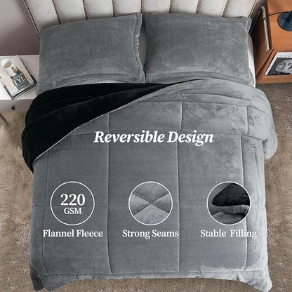 Petrichor Velvet Flannel Queen Comforter Set- Gray and Black Blanket,Luxury Fuzzy Heavy Bedding Set, 3 Pieces Plush Winter Bed Set with Comforter (90"x90") & 2 Pillow Shams (20"x26")