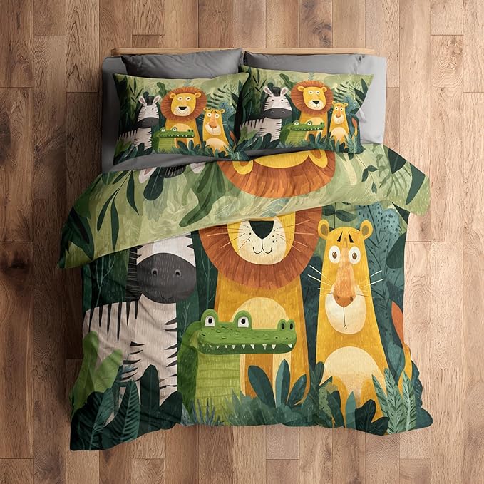 Jungle Animal Duvet Cover Twin Size, Kids Boys Girls Bedding Set 3 Pcs (2 Pillow Shams), Super Soft Microfiber Bedroom Decor, Zipper & Ties CSXQ1245