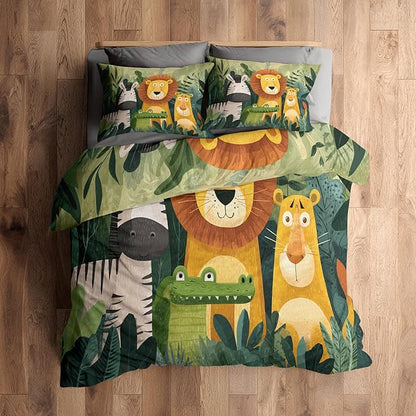 Jungle Animal Duvet Cover Queen Size, Kids Boys Girls Bedding Set 3 Pcs (2 Pillow Shams), Super Soft Microfiber Bedroom Decor, Zipper & Ties CSXQ1245