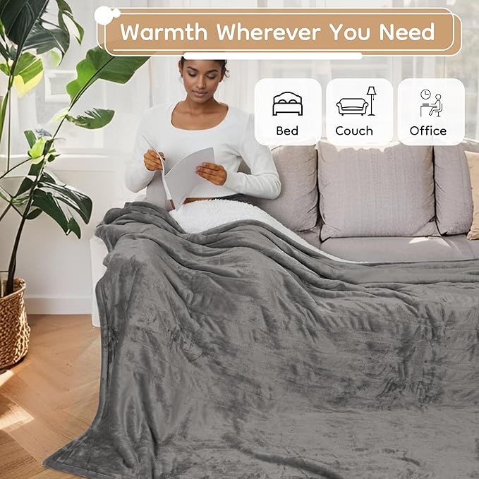 Electric Heated Blanket King Size - 90"x100", Soft Flannel Heating Blanket, 10 Heating Levels, 1-12 H Auto Shut Off, Breathable Warm and Washable for Bed, Light Grey