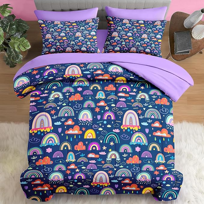 Comforter Set Queen Size, Cute Boho Rainbow 7 Pcs Bedding for Kids and Adults, Colorful Nursery Cloud Bed Sheet Sets with Fitted Sheet 2 Pillowcases & 2 Shams for Bedroom Bed Decor